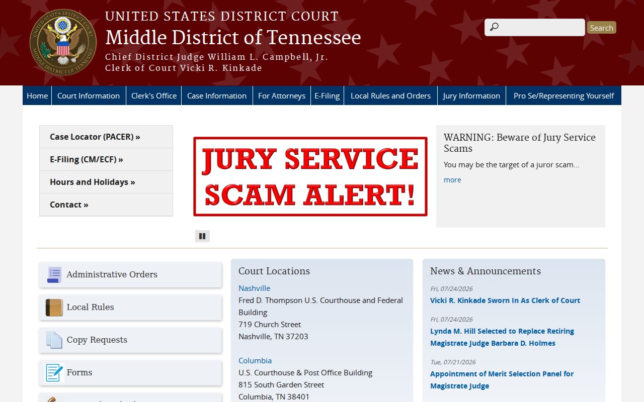 Federal court records for Giles County area in the Middle District of Tennessee