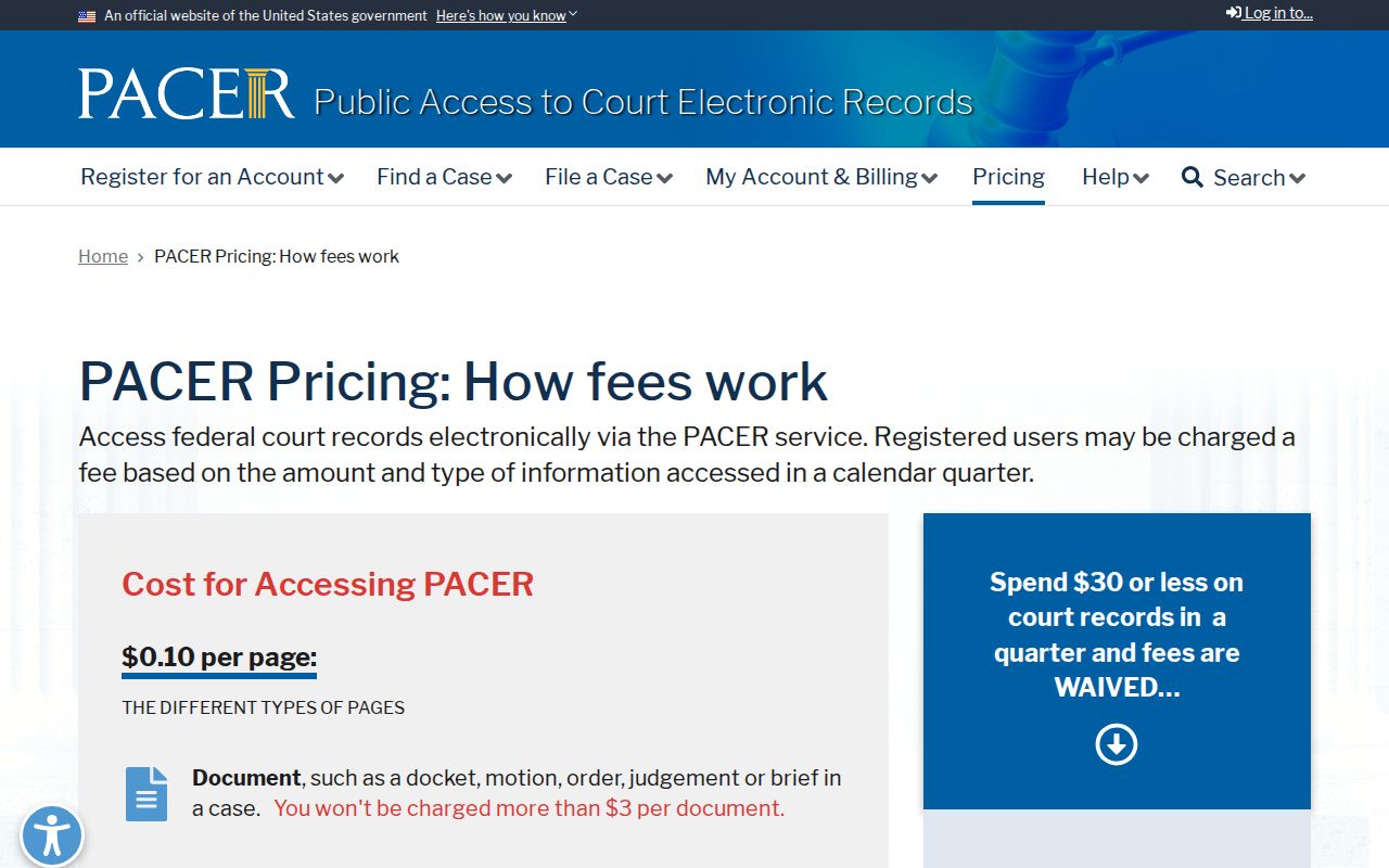 Federal PACER fee information separate from Giles County court records