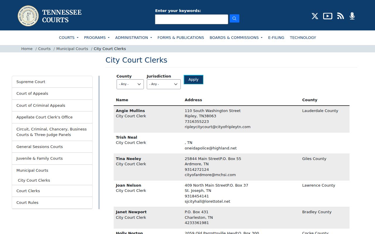 Lynnville court records municipal clerk directory