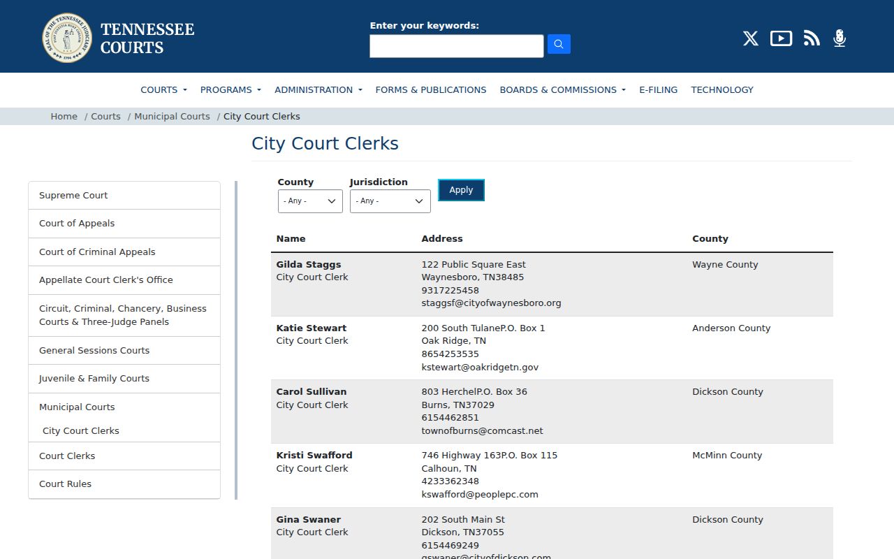 Minor Hill court records city clerk directory