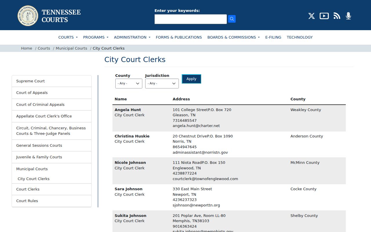 Pulaski court records municipal clerk directory